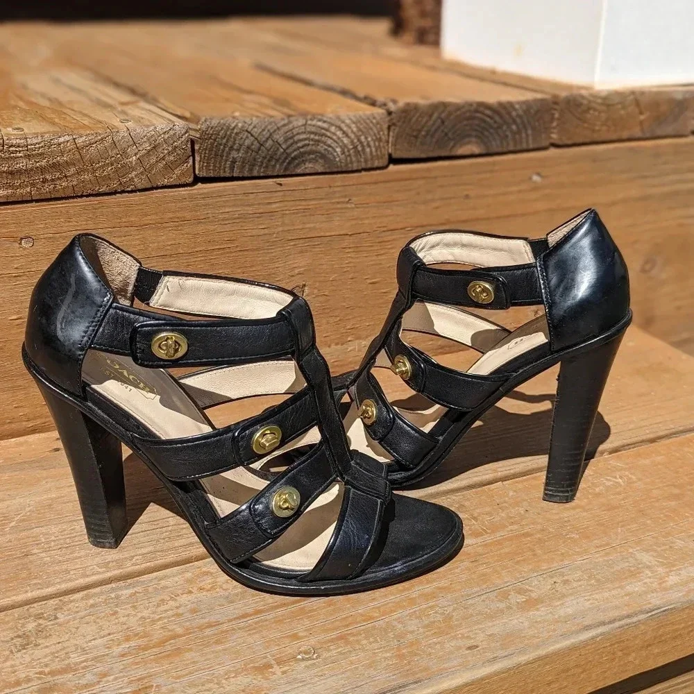 Coach Tamarah Black Leather Turn Lock Stacked Heels Women's Sandals